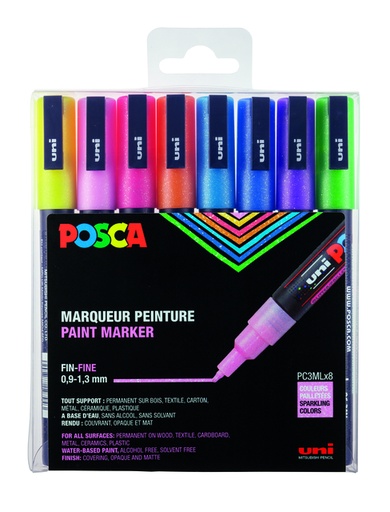 [1433882] Paintmarker Uni POSCA PC3M fijn glitter pastel assorti set a 8 stuks
