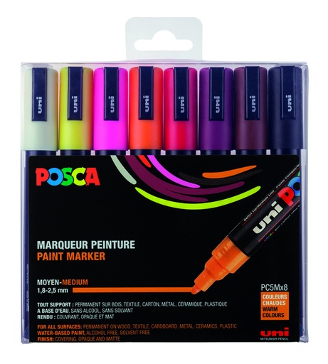 [1433876] Marqueur peinture Posca PC5M Medium Couleurs chaudes set 8 pièces jaune fluo