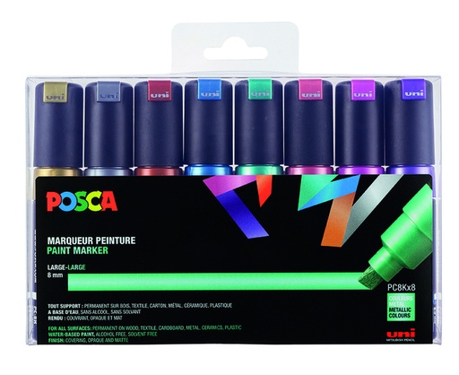 [1433763] Marqueur peinture Posca PC8K Large biseau assorti métal set 8 pièces