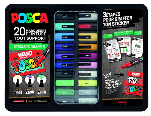 [1433765] Paintmarker Uni POSCA Sticker Graffiti assorti metalen koffer à 20st