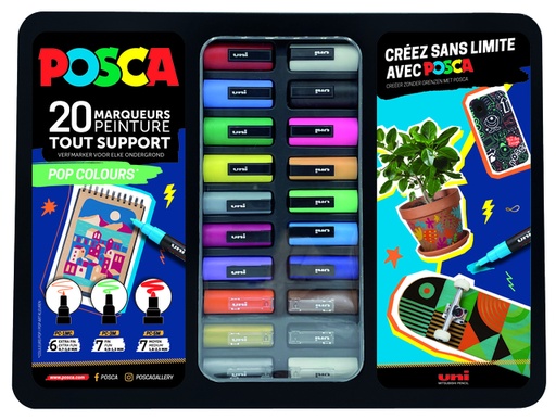 [1433908] Paintmarker Uni POSCA Pop Colours assorti metalen koffer à 20 stuks
