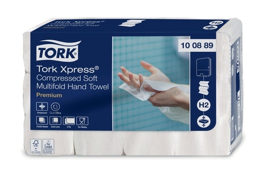 [1435628] Essuie-mains Tork H2 Xpress compressé Premium 100889 Multifold 2 ép 212x240mm 12x 225fls blanc