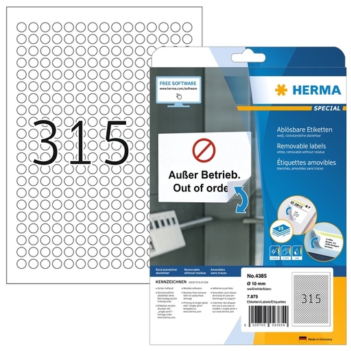 [1436331] Etiquette HERMA 4385 rond 10mm blanc 7875 pièces