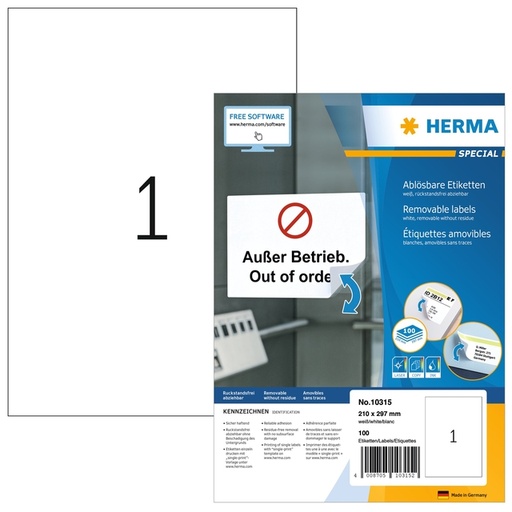 [1436336] Etiket HERMA 10315 210x297mm verwijderbaar wit 100 stuks
