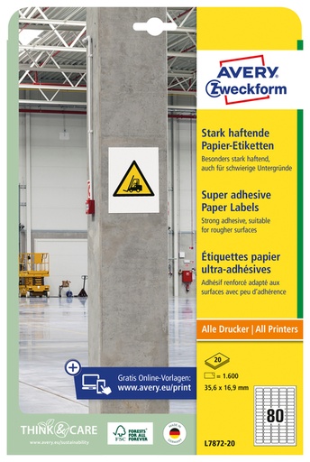 [1437469] Etiquette Avery Zweckform L7872-20 35,6x16,9mm 1600 étiquettes