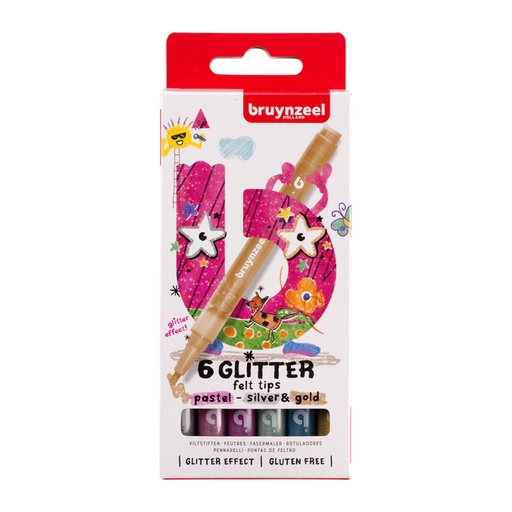 [1438923] Feutre Bruynzeel Kids pastel argent or Glitter set 6 couleurs brillantes