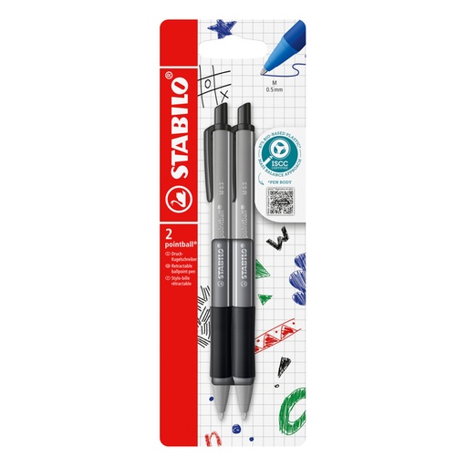 [1439196] Stylo bille STABILO pointball Colorful Medium noir blister 2 pièces