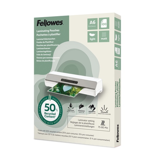 [1466154] Pochette de plastification Fellowes A6 2x75 micron recyclé mat 100 pièces