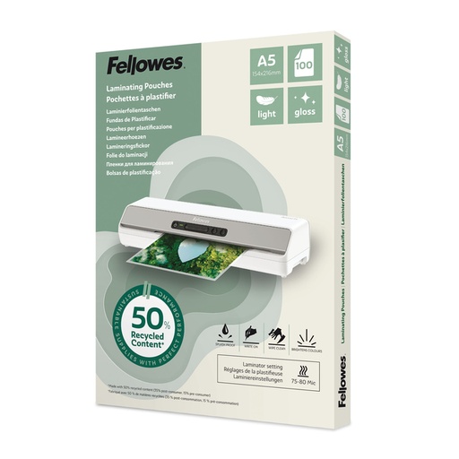 [1466158] Pochette de plastification Fellowes A5 2x75micron recycled brillant 100 pièces