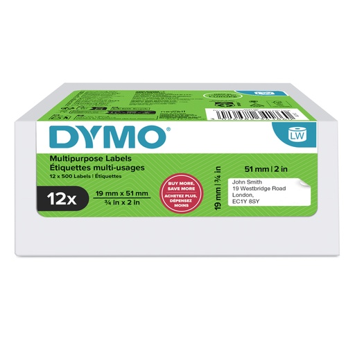 [1436684] Etiquette Dymo LabelWriter multifonctionel 19x51mmm blanc 12 rouleaux à 500 pièces