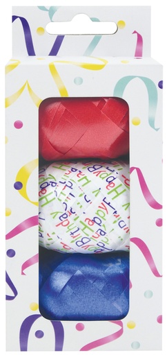 [1466496] Krullint set à 3 kleuren rood, blauw en wit met happy birthday