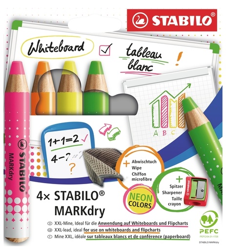 [1466370] Whiteboardpotlood STABILO MARKdry etui à 4 neon kleuren