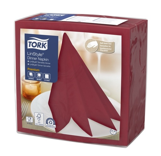 [1467393] Dinerservet Tork Linstyle Premium 1/4 vouw 1-laags 390x390mm 50 vel bordeaux 478885