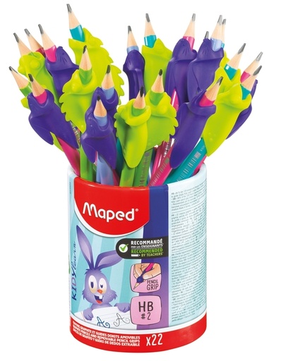 [1467937] Crayon graphite Maped Kidy Learn avec gomme et guide doigts pot 22 pièces