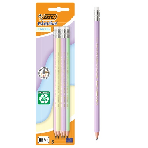 [1468670] Potlood Bic HB met gom pastel assorti blister 5 stuks