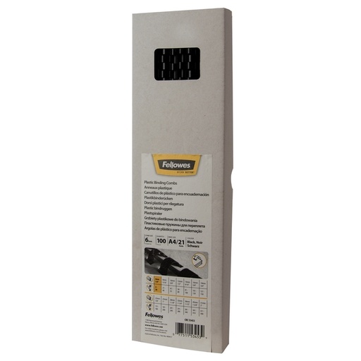 [535721] Bindrug Fellowes 6mm 21rings A4 zwart 100 stuks