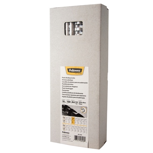 [535740] Reliure Fellowes 10mm 21 anneaux A4 blanc 100 pièces