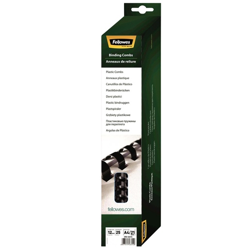 [537781] Bindrug Fellowes 12mm 21rings A4 zwart 25 stuks