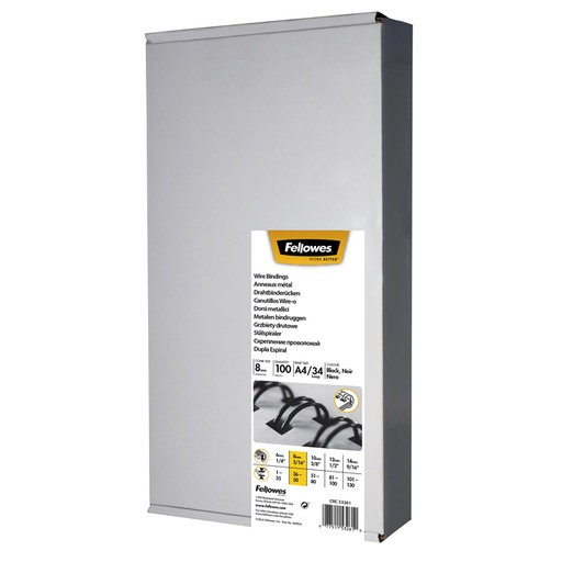 [537821] Peigne métallique Fellowes 8mm 34 anneaux A4 noir 100 pièces