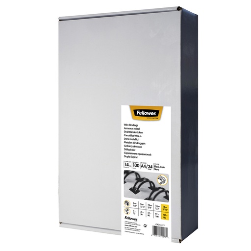 [537852] Peigne métallique Fellowes 14mm 34 anneaux A4 argent 100 pièces