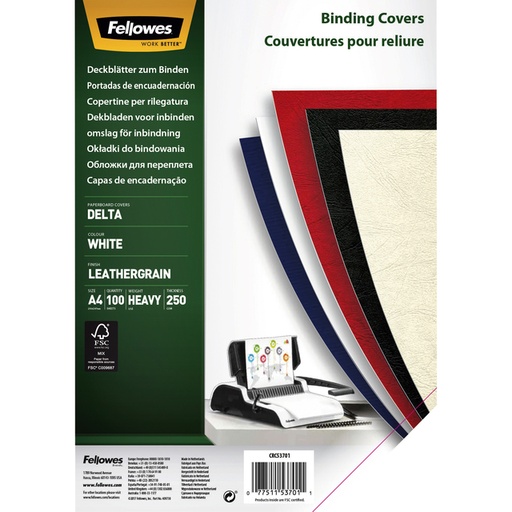 [535220] Couverture Fellowes A4 similicuir blanc 100 pièces