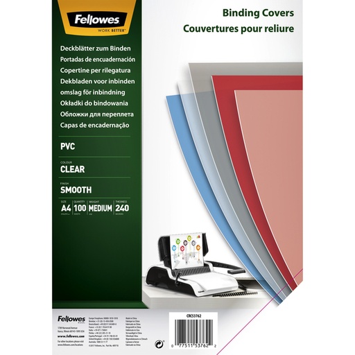 [535227] Couverture Fellowes A4 PVC 240 micron transparent 100 pièces