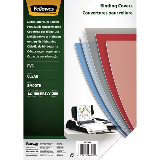 [535223] Couverture Fellowes A4 PVC 300 micron transparent 100 pièces