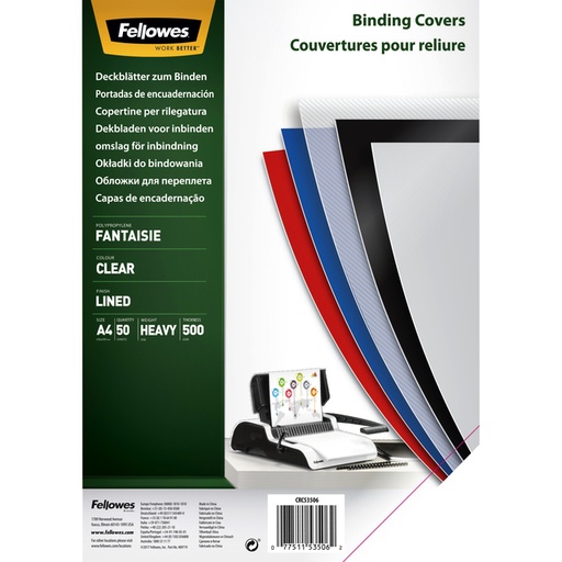 [535235] Couverture Fellowes A4 PP 500micron transparent 50 pièces