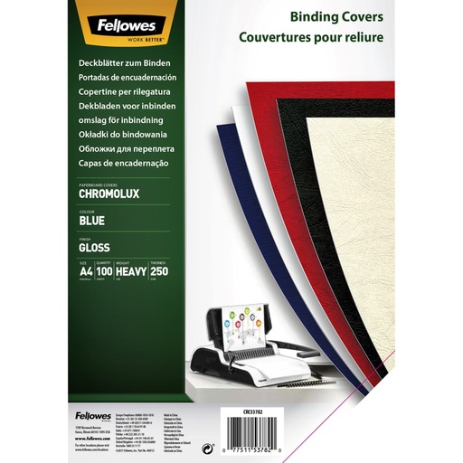 [535231] Couverture Fellowes A4 Chromolux 250g bleu 100 pièces