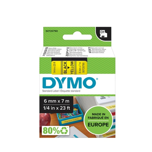 [930381] Ruban Dymo LabelManager D1 polyester 6mmx7m noir sur jaune
