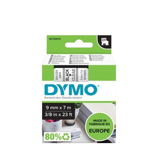 [930331] Ruban Dymo LabelManager D1 polyester 9mmx7m noir sur transparent