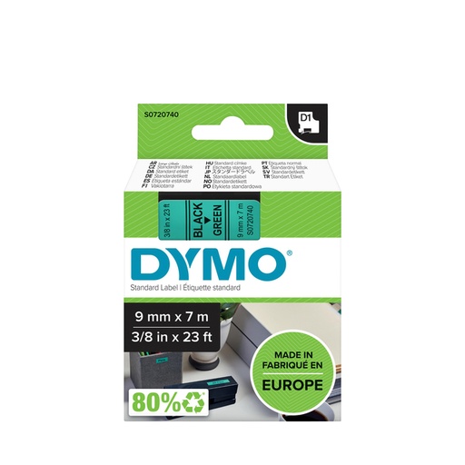 [930547] Labeltape Dymo LabelManager D1 polyester 9mm zwart op groen