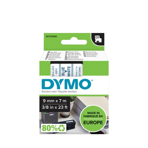 [930343] Labeltape Dymo LabelManager D1 polyester 9mm blauw op wit