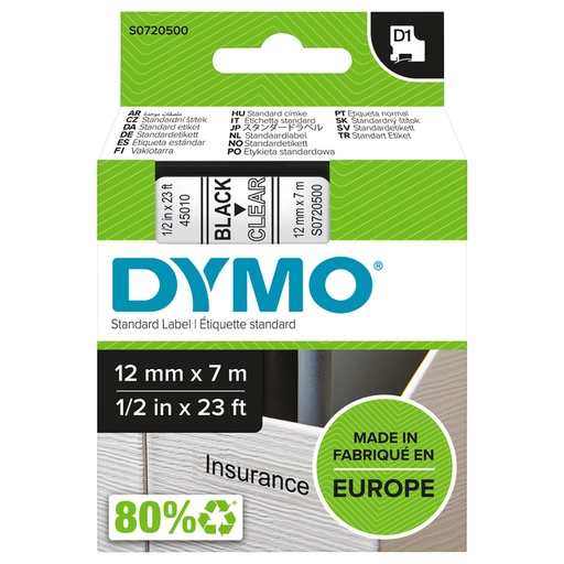 [930215] Ruban Dymo LabelManager D1 polyester 12mmx7m noir sur transparent