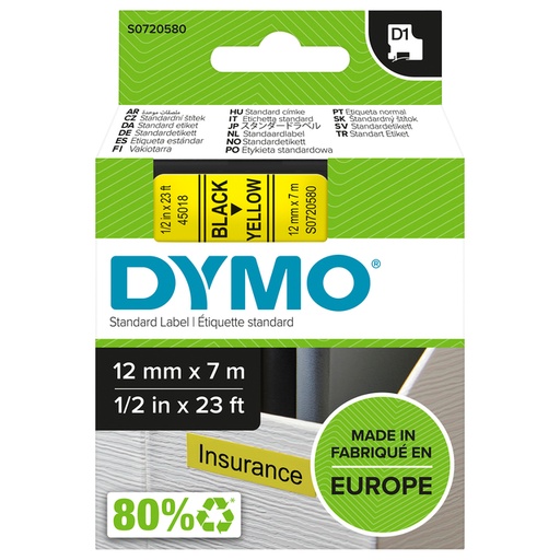 [930223] Ruban Dymo LabelManager D1 polyester 12mmx7m noir sur jaune