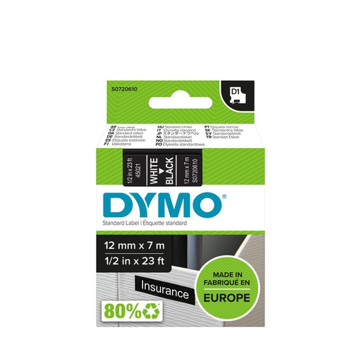 [930225] Ruban étiquettes Dymo LabelManager D1 polyester 12mm blanc sur noir