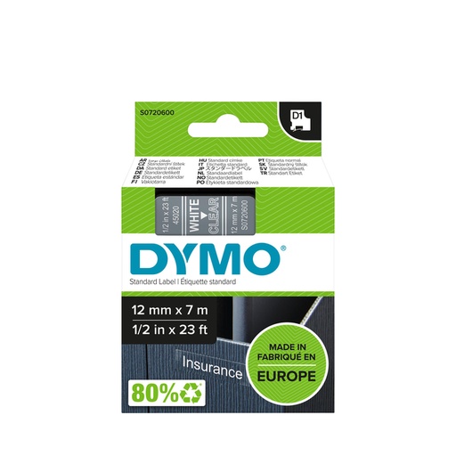 [930549] Ruban Dymo LabelManager D1 polyester 12mmx7m blanc sur transparent