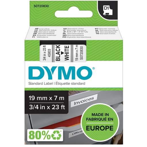 [930235] Labeltape Dymo LabelManager D1 polyester 19mmx7m zwart op wit