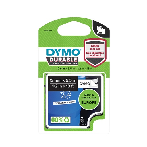 [817588] Ruban ëtiquettes Dymo LabelManager D1 polyester 12mm durable noir sur blanc