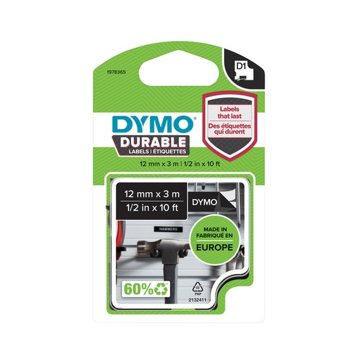 [817589] Ruban Dymo LabelManager polyester 12mmx3m blanc sur noir