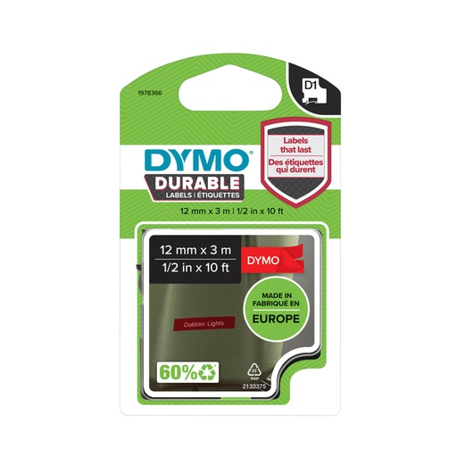 [817597] Ruban étiquettes Dymo LabelManager D1 polyester 12mmx3m blanc sur rouge