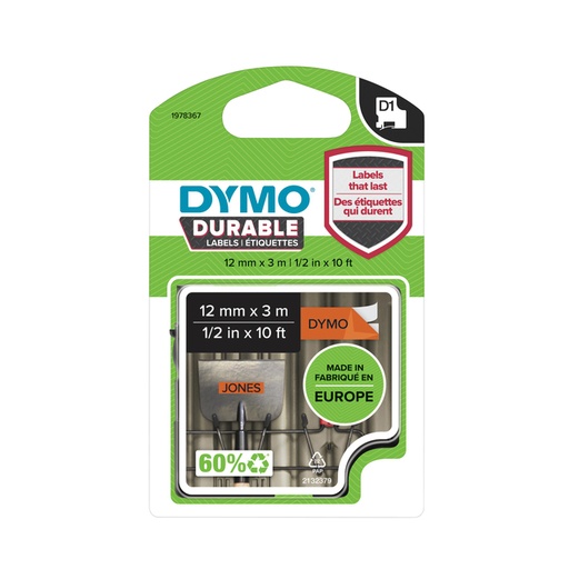 [817598] Ruban Dymo LabelManager D1 polyester 12mmx5,5m noir sur orange