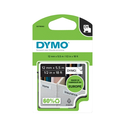 [931195] Ruban étiquettes Dymo LabelManager D1 polyester 12mmx5,5m noir sur blanc