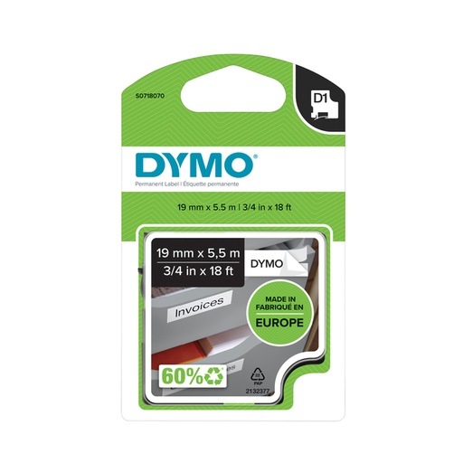[930558] Ruban Dymo LabelManager D1 polyester 19mmx5,5m noir sur blanc