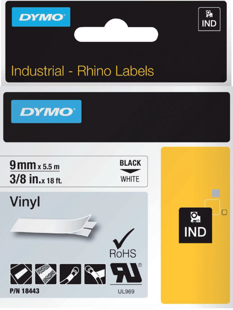 Ruban Dymo Rhino  industriel vinyle 9mmx5,5m noir sur blanc