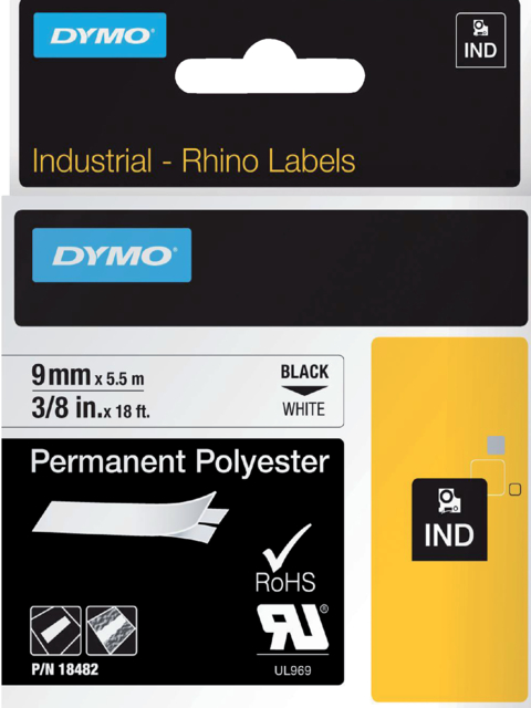 Ruban Dymo Rhino Industriel polyester 9mmx5,5m noir sur blanc