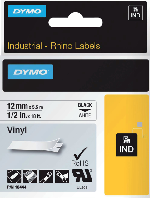 Ruban Dymo Rhino Industriel vinyle 12mmx5,5m noir sur blanc