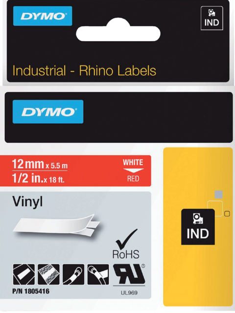 Ruban Dymo Rhino Industriel vinyle 12mmx5,5m blanc sur rouge
