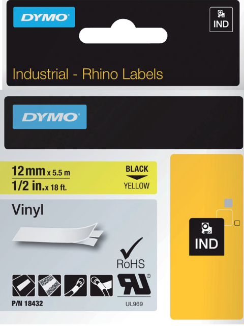 Ruban Dymo Rhino Industriel vinyle 12mmx5,5m noir sur jaune