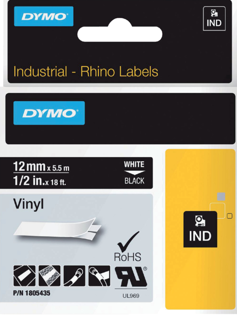 Ruban Dymo Rhino Industriel vinyle 12mmx5,5m blanc sur noir